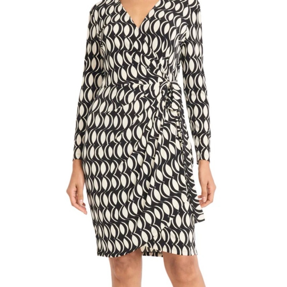 Maggy London Black and White Geometric Jersey Wrap Dress
